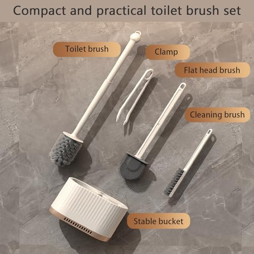 Basaza Toilet Brush and Holder Set, Hidden Toilet Bowl Cleaning Brush and Holder for Bathroom Toilet Bowl Cleaner Brushes & Holders 4 in 1 Beige Bathroom Accessories - color: Beige Toilet Brush and Holder Set