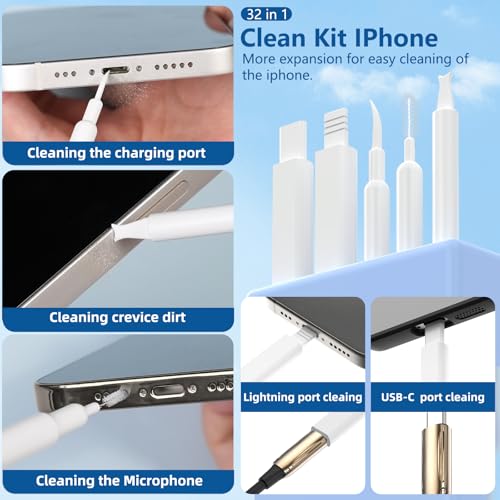 32 in 1 Cell Phone Cleaning kit with Charging Port Cleaner,Stylus Pen,SIM Tool,Keyboard Brush,Speaker Brush,Electronic Cleaning kit for iPhone,AirPods,iPad,Keyboard,MacBook,Earbud,Camera Lens(White) - color: White
