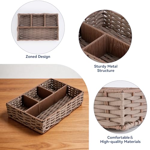 Whitmor 4-Compartment Woven Storage Basket with Dividers, Divided Makeup Organizer and Drawer Split Rattique Bin for Bathroom Countertop, Vanity, Office Desk, 11.8x7.9x2.8 Inches, Light Brown