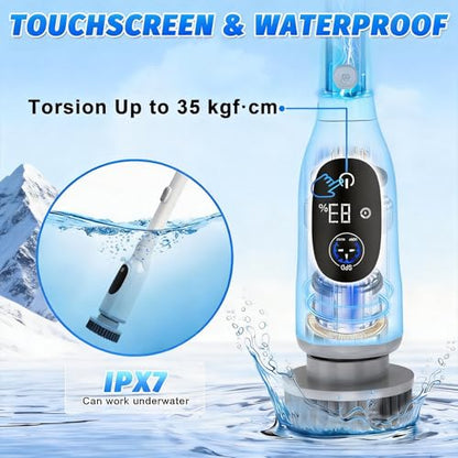Electric Spin Scrubber, Cordless Shower Scrubber with Adjustable Long Handle, 3 Speeds with IPX7 Bathroom Scrubber, 8 Brush Heads, Electric Cleaning Brush for Bathroom/Kitchen/Bathtub/Crack/Floor/Tile