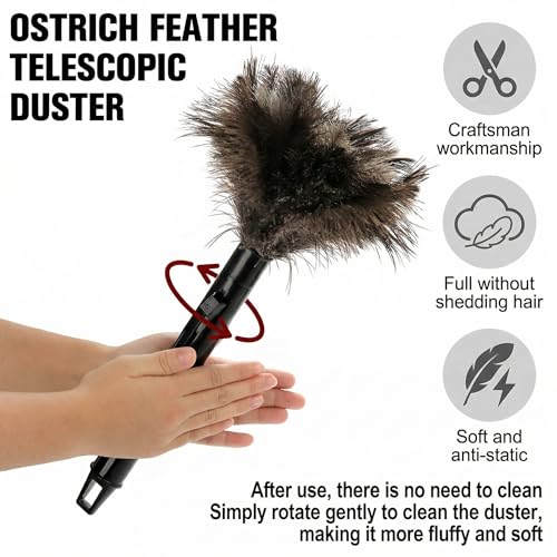 Goaste 2 Pack Ostrich Feather Duster, 15 Inch Fluffy Natural Feather Duster, Soft-Feather Mopping with Plastic Handle, Extensible Ostrich Feather Cleaning Supplies for Keyboard, Home, Car, Office