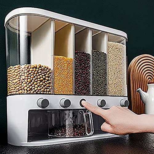 Dry Food Dispenser,Wall mounted 5 Grid Cereal Dispenser,Rice dispenser 25 pounds Kitchen Storage with Measuring Cup