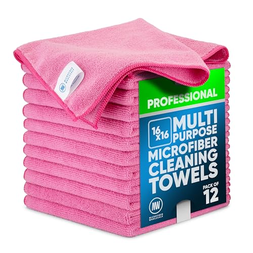 MW Pro Pink Microfiber Cleaning Cloths – 12 Pack, 16" x 16" – Premium Professional-Grade Pink Towels Built for Cleaning Pros, Hotels, Interiors & Home – Stays Pink, All-Purpose, Streak-Free - color: Pink