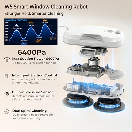 Tosima W5 Window Cleaning Robot, 6400Pa Max Adaptive Suction, Auto-Spray Smart Window Cleaner with Triple Safety System, Intelligent Navigation, Remote Control, for All Smooth Surfaces, White - color: White