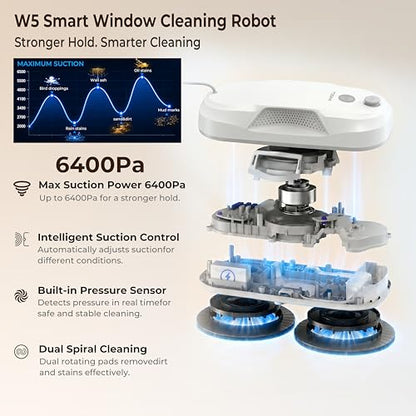 Tosima W5 Window Cleaning Robot, 6400Pa Max Adaptive Suction, Auto-Spray Smart Window Cleaner with Triple Safety System, Intelligent Navigation, Remote Control, for All Smooth Surfaces, White - color: White