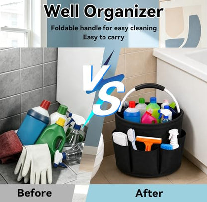UFORU Cleaning Caddy with Handle, 17L Foldable Cleaning Supply Organizer with 6 Pockets, Portable Cleaning Products Basket, Oxford Fabric Storage Caddy for Home, Garden, Camping, Black