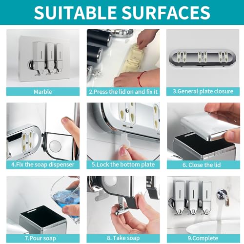 No-Drill 3 Pack 500ml Wall Mounted Soap Dispenser for Bathroom and Kitchen, Shampoo and Conditioner Dispenser Drill Free with Adhesive(Square-Silve) - color: Silver-2