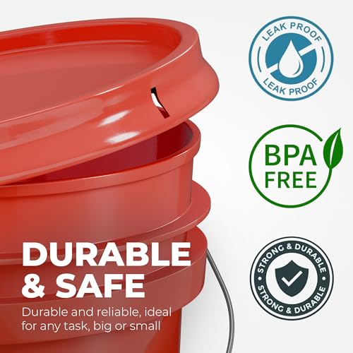 5-Gallon Red Bucket Pail Container with Lid | Metal Handles with Plastic Grip | Multi-Use | Easy Stack and Store | Heavy-Duty, Approx 90 MIL, Extra Durable | Food Grade | BPA Free - 1 Pack - color: Red, size: 1 Pack