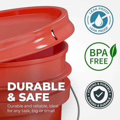 5-Gallon Red Bucket Pail Container with Lid | Metal Handles with Plastic Grip | Multi-Use | Easy Stack and Store | Heavy-Duty, Approx 90 MIL, Extra Durable | Food Grade | BPA Free - 1 Pack - color: Red, size: 1 Pack