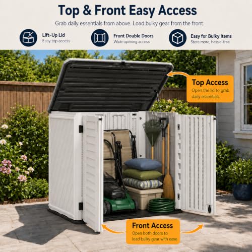 ADDOK 26 Cu.Ft Outdoor Storage Shed with Floor,Large Waterproof Resin Storage Cabinet with Lift-Up Lid,Double Doors and Lockable Design for Lawn Mower,Garden Tools, Patio,Backyard and Pool Supplies - size: 26 Cu.Ft-White