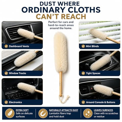 TRU-LAMB Premium Lambskin Mini Duster 3-Pack – Natural Wool Dusting Brush for Car Interior, Dashboard, Air Vents, Mini Blinds, Electronics, Keyboard, Home & Office Cleaning