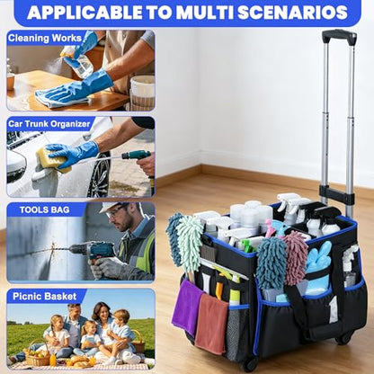 Large Rolling Cleaning Caddy Bag with Detachable Trolley, Cleaning Supplies Organizer Caddy on Wheels with Multi-pocket & Waist Pouch, Water Resistant Cleaning Cart with Shoulder Strap for Housekeeper