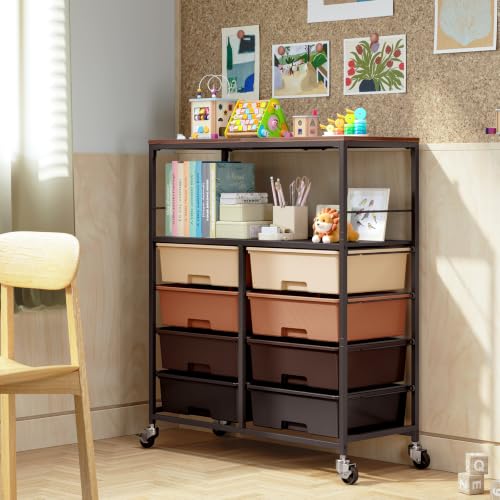 Rolling cart with 8 drawers,Storage drawer cart with wooden tabletop,Lockable wheels organizer for homeschool, arts & crafts, classroom, office & creative spaces (Brown) - color: Brown