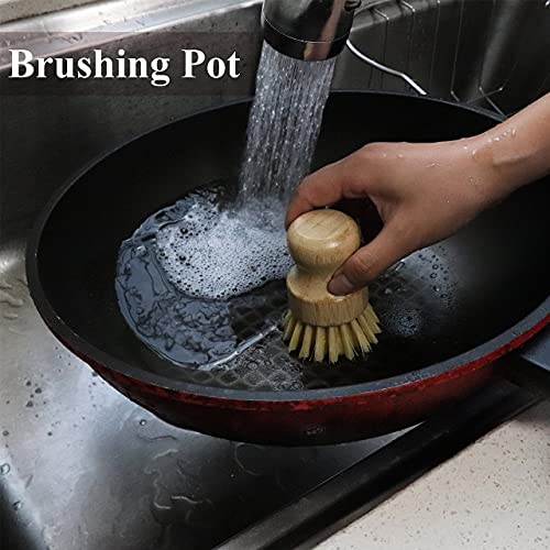 Bamboo Dish Scrub Brush, Kitchen Dish Scrubber Brush Set for Cleaning Dishes,Sink, Cast Iron Pan/Pot