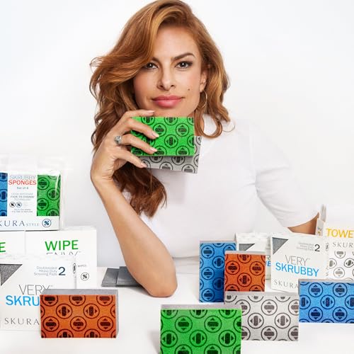 Skura Style x Eva Mendes Very Skrubby Heavy Duty Scouring Pads (Bulk 4 Pack) | Abrasive Kitchen Cleaner for Caked-on, Baked-on Dirt | Durable, Odor-Free, Flexible, Dual Sided
