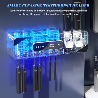 Smart Cleaning Toothbrush Holder, Smart Drying & Cleaning Bathroom Toothbrush Holder with 2 Toothpaste Dispensers, Wall Mounted Organizer for Electric/Manual Toothbrushes with 3 Cups 6 Slots (Beige) - color: Beige