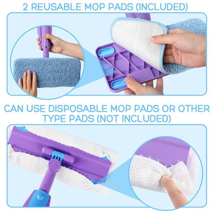 Kids Spray Mop, Real Working Toddler Cleaning Set with Water Sprayer & 2 Washable Mop Pads & Scraper, Pretend Play Montessori Housekeeping Toys Gifts for Toddlers Kids Girls Boys (Blue&Purple)