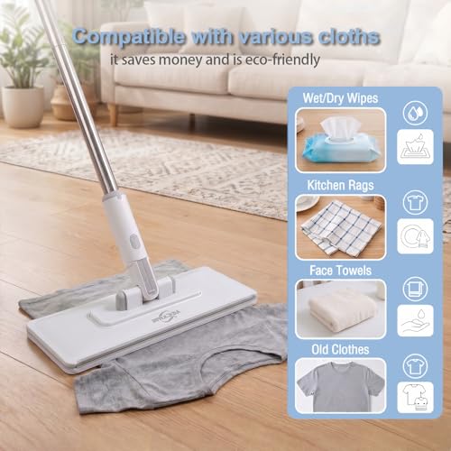 Grope Thing Mop,Hands Free Flat Mop One Click,Hands Free Multi Purpose Flat Mops, Snap Grip Mini Mops,360° Rotation Head,48'' Long Handle,Dry and Wet Use,Suitable for Whole House Cleaning(6 Cloths)