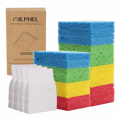 Compressed Natural Cellulose Sponges 24 Pack Regular Size Multicolor Soft Reusable Non-Scratch Long-Lasting Basics Dish Washing Sponges for Kitchen Cookware and Bathroom, DIY Cuts-Out for Fun - color: Multicolor