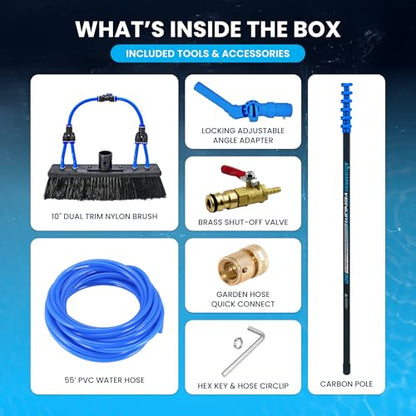 Aquaspray Venom 40FT Premium 24T Carbon Fiber Water Fed Pole Kit for Window & Solar Panel Cleaning, Anti-Spin Clamps, 10 inch Dual-Trim Brush, 55FT Hose, 3/4 in Quick Connect