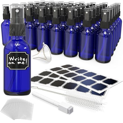 Nevlers Small Spray Bottle 2 Oz 48 Pack Blue Glass Spritzer Bottles | Mini Spray Bottle Mist Set w/ Labels, Marker, Funnel, Brush & Shrink Wrap | 2oz Glass Bottles for Oils, Scents & Travel Use - color: Blue, style: 48 Pack