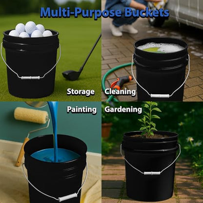 MKS Plastics 5-Gallon Bucket with Airtight Lid – Made in USA, Food Grade BPA Free Plastic, Heavy Duty Multi-Use, Metal Handle with Grip, Stackable Storage – Black, 6 Pack - color: 5 Gallon - Black, size: 6