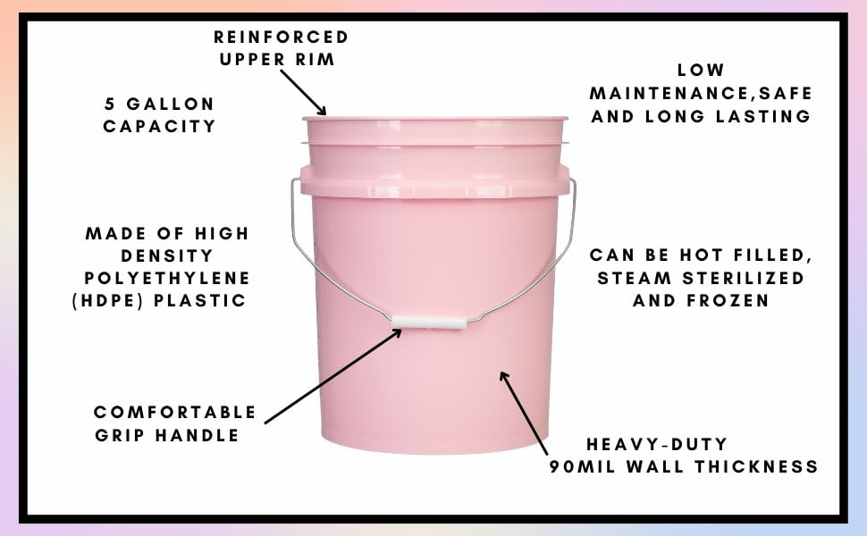 House Naturals Food Grade 5 Gallon Pink Bucket Container- Made in USA. Bucket only, no lid. - color: Pink