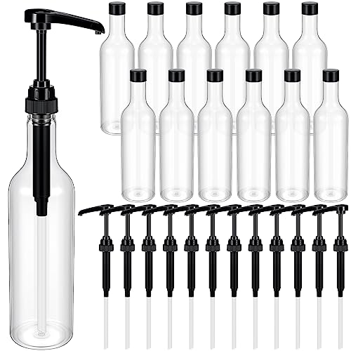 Maxdot 12 Pcs 25 oz Syrup Bottles with Pump Long Neck Bottles Plastic Syrup Pump Dispenser for Coffee Bar Accessories Home Party (Black) - color: Black