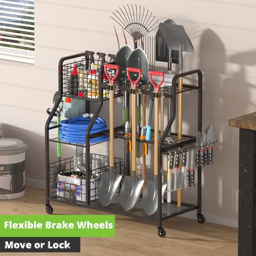keomaisyto Garden Tool Organizer with Heavy Duty Wheels for Garage - with 2 Baskets, Large Yard Tool Organizer and Storage Holder, Utility Garden Tool Rack for/Shed/Garage/Yard/Basement/Lawn - size: Extra Extra Large-with Industrial Wheels