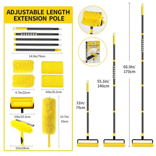High Ceiling Fan Cleaner Duster for Fans Blades Cleaner with 78.7in Extension Pole Extra Long Handle Cleaning Tool，Reusable Chenille & Microfiber Mop Head for Baseboard Wall Floor Window Glass Wiper
