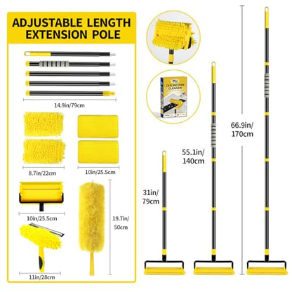 High Ceiling Fan Cleaner Duster for Fans Blades Cleaner with 78.7in Extension Pole Extra Long Handle Cleaning Tool，Reusable Chenille & Microfiber Mop Head for Baseboard Wall Floor Window Glass Wiper