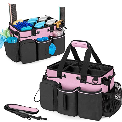 LoDrid Large Professional Cleaning Caddy with Detachable Divider, Supply Organizer with Handle and Shoulder Strap, Cleaning Bags for Housekeepers & Cleaners, Pink - color: Pink