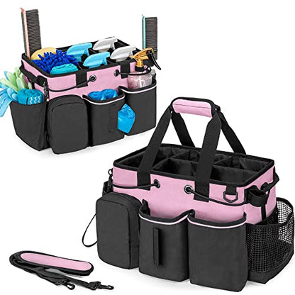 LoDrid Large Professional Cleaning Caddy with Detachable Divider, Supply Organizer with Handle and Shoulder Strap, Cleaning Bags for Housekeepers & Cleaners, Pink - color: Pink