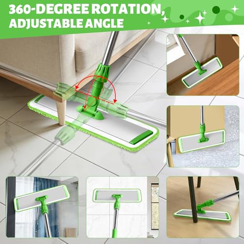 17.7" Microfiber Mop for Floor Cleaning, 59in Long Adjustable Stainless Steel Handle, 360° Rotating Large Flat Mops, 4 Washable Pads for Dry & Wet Cleaning for Hardwood, Vinyl, Laminate, Green