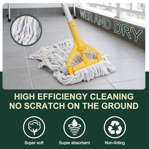 Heavy Duty Commercial Mop with 3 Extra Large Replacement Heads,59" Long Handle Industrial Looped-End String Wet Cotton Mops for Home,Kitchen,Office,Garage,Workshop,Warehouse Floor Cleaning