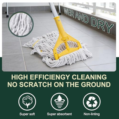 Heavy Duty Commercial Mop with 3 Extra Large Replacement Heads,59" Long Handle Industrial Looped-End String Wet Cotton Mops for Home,Kitchen,Office,Garage,Workshop,Warehouse Floor Cleaning