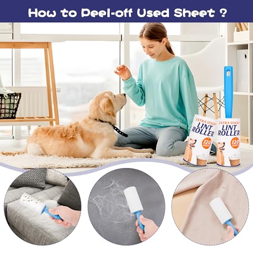 Extra Sticky Lint Roller for Cat Dog Hair, 960 Sheets, 2 Handles | 8 Rolls Total, Extra Sticky for Pet Hair on Clothes, Couch, Furniture and Car Seats - size: 2 Handles + 6 Refills + 960 Sheets