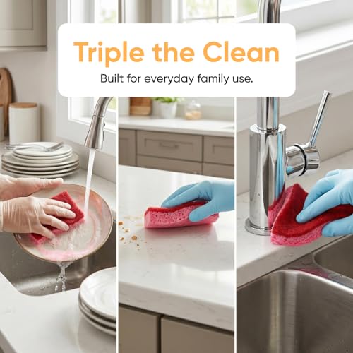 Superio Non-Scratch Cellulose Sponge Kitchen Scrub Sponges with Scouring Pad Set, Good for Non-Stick Cookware Frying Pan, Pot, Counter Top, Sink Scrubbing, Kitchen Scrubbers, Pack of 3, RedPink - color: Red, size: 3-pack