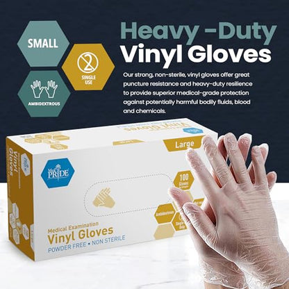 MED PRIDE Disposable Medical Grade Vinyl Exam Gloves, Latex & Powder Free, Ultra-Strong, for Healthcare & Food Handling (Large (Pack of 100) 100 Clear) - size: Large (Pack of 100)