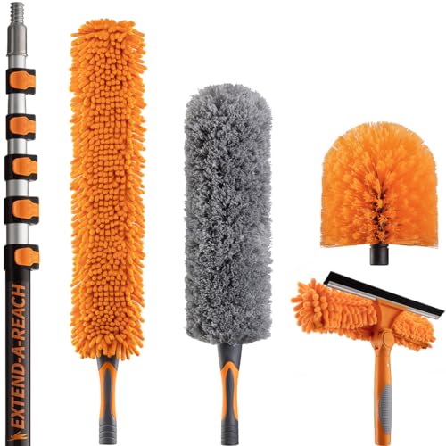 30 Foot High Reach Duster Kit with 5-24 ft Extension Pole // High Ceiling Dusting and Window Cleaning Kit with Telescopic Pole // Window Washer & Squeegee, Cobweb Duster, Fan Blade and Feather Duster - size: 24 feet