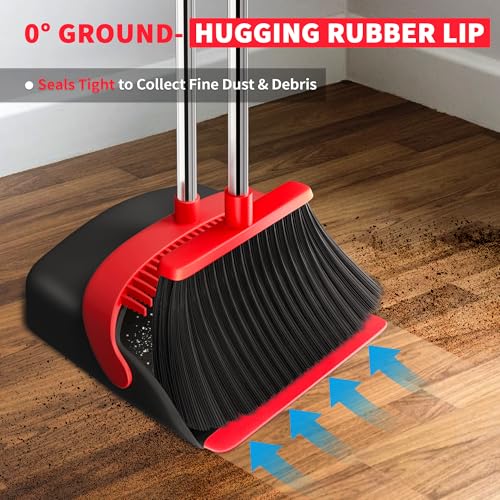 Broom with Dustpan Combo Set, Dust Pans with Long Handle for Upright Sweeping, Standing Broom and Dustpan Set with Self-Cleaning Teeth for Home, Kitchen & Office Floors(Red & Black) - color: Red & Black