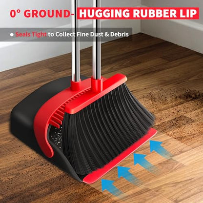 Broom with Dustpan Combo Set, Dust Pans with Long Handle for Upright Sweeping, Standing Broom and Dustpan Set with Self-Cleaning Teeth for Home, Kitchen & Office Floors(Red & Black) - color: Red & Black