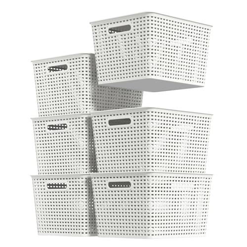 6-Pack Large Plastic Storage Baskets with Lid, White | Lidded Storage Organizer Bins, stackable to save space, great for bedroom, bathroom, office and kitchen organization - color: White