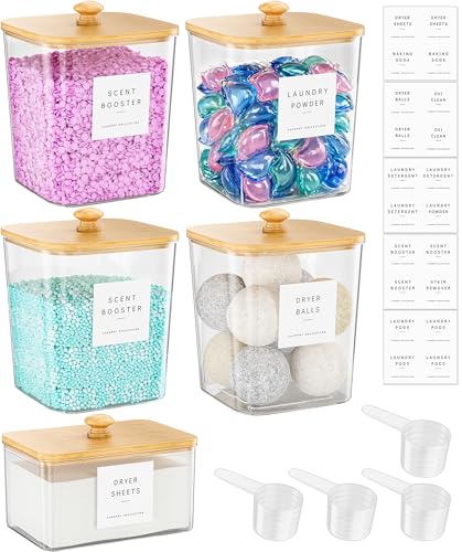 Moforoco 4+1 Pack Bamboo Laundry Pods Container, Acrylic Clear Laundry Room Organization Containers,Large Laundry Pods Holder for Scent Booster Detergent Powder Storage Containers Lids & Labels - color: Bamboo, size: 4+1 pack