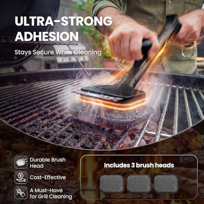 ThermoMaven Bristle-Free BBQ Grill Brush - No Wire Risk Steam Cleaner Removes Burnt Grease Fast - 17" Cool-Touch Handle, Scraper & 3 Replaceable Heads for Gas, Charcoal & Cast Iron - size: Black 3pcs-Small