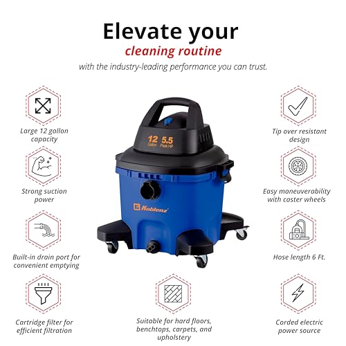 Koblenz WD-12 L4 Wet Dry Vacuum Cleaner, 12 Gallon 5.5 PHP, 3-in-1 Suction & Blower, 32 ft Reach, Drain Plug, Large Vacuum Cleaner for Car, Shop Vacuum Wet and Dry, Click-N-Lock Hose, Blue/Black - size: 12 Gallon 5.5 HP
