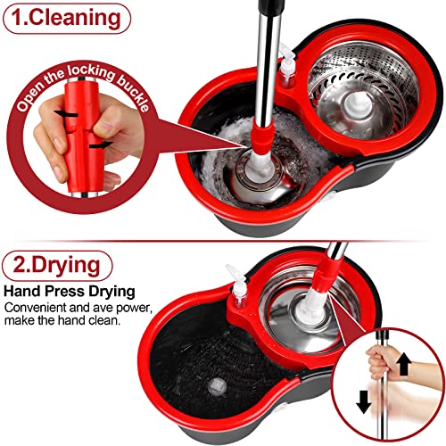 Spin Mop and Bucket with Wringer Set, 360° Spinning Mop Bucket System with 3 Microfiber Mop Replacement Heads and 61" Stainless Steel Adjustable Handle for Floor Cleaning (20QT) - color: Black-1