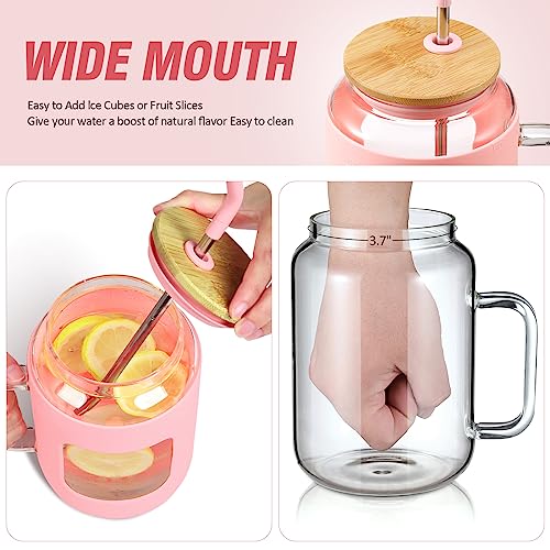 WINSA 50 oz Glass Water Bottles with Silicone Sleeve,Glass Tumbler with Lid and Straw,Iced Coffee Cup with Handle,BPA Free-Pink - color: Pink