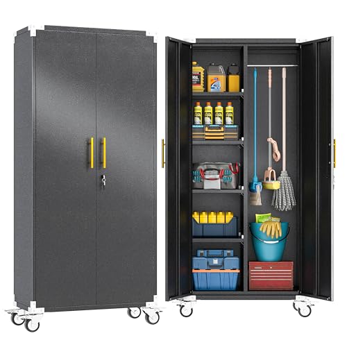 erosoei 71" Broom Storage Cabinet, Cleaning Tool Storage Cabinet, Garage Utility Storage with Hooks and Hanging Rods, Heavy Duty Garden Tool Organizer, for Home, Garage, Laundry Room, Gym, Workshop. - color: Black, size: 71" Broom Cabinet