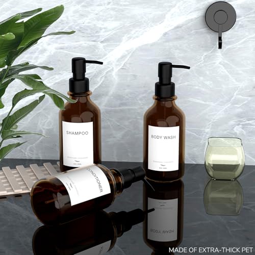 Modern Shampoo and Conditioner Dispenser - Shower Soap Dispenser Wall Mounted - 3-Pack 16 oz Plastic Amber Bottles with Black Pumps - Stylish Shampoo Dispenser, Shower Dispenser 3 Chamber No Drill - color: Amber